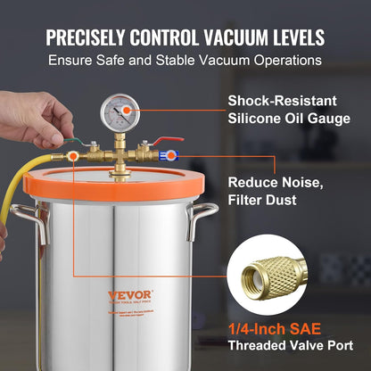 VEVOR Vacuümkamer 5 gal 19 l container voor vacuümpomp deksel gehard glas ontgassing kamer 304 roestvrij staal vacuümcontainer voor houtstabilisatie ontgasser siliconen hars