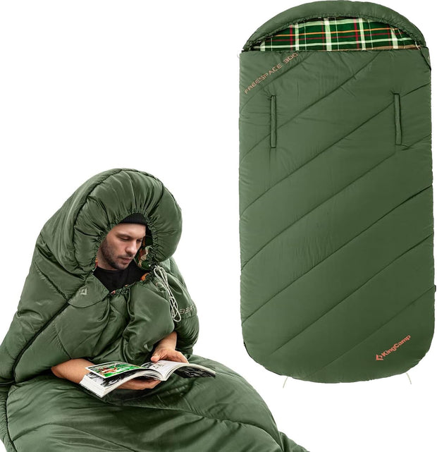 Kingcamp Flanellen slaapzak, 3-4 seizoenen, warme XXL slaapzak met ritssluiting voor armen, grote slaapzakken, outdoor, voor volwassenen op de camping