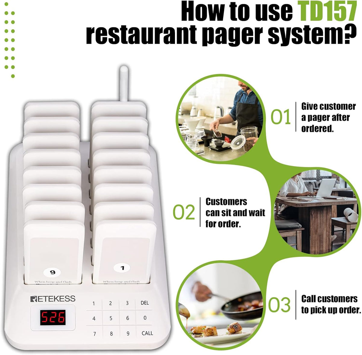 Draagbare Pieper – Oproepsysteem – Pager – Restaurant Pager – Draadloze Pieper – Witte Variant – Touchscreen Bediening – 20 Uur Batterijduur - QUORE