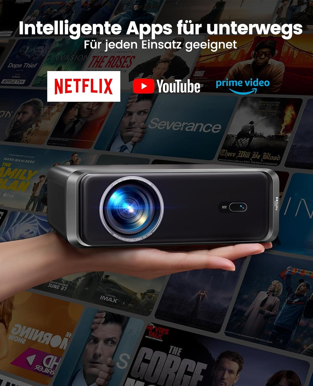 Mini-projector 4K met Netflix, officiële Dolby Audio, 900 ANSI Auto Focus / 6D, trapeziumcorrectie, wifi 6/Bluetooth, Full HD, 1080P, thuisbioscoop, buitenprojector, draagbaar, voor Android/iPhone