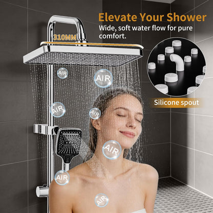 Douchesysteem – Badkamer Doucheset – Douchekolom – Regendouche – Handdouche – 4 Functies Met Thermostaat – Grote 31x20 cm Regendouchekop