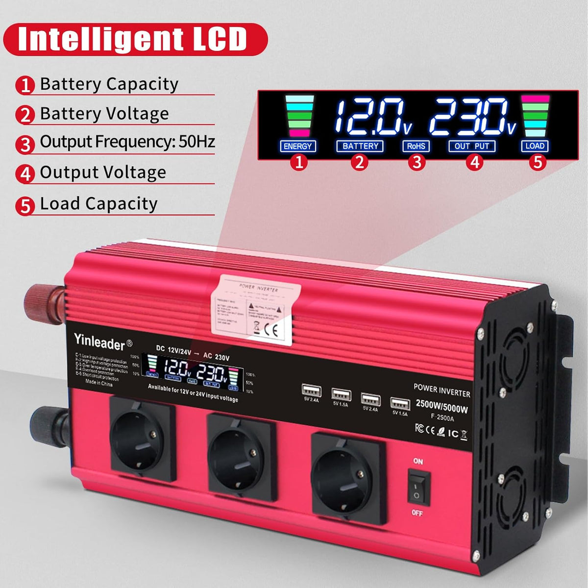 Yinleader 12V/24V naar 230V 2500W / 5000W omvormer LCD 3 EU stopcontacten 4 USB