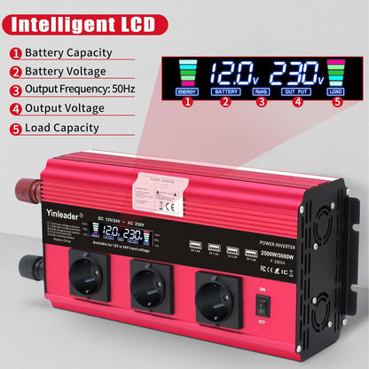 Yinleader 12V/24V naar 230V 2500W / 5000W omvormer LCD 3 EU stopcontacten 4 USB