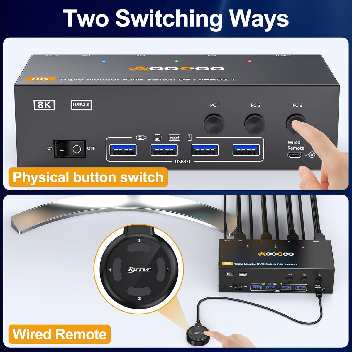 KVM Switch 3 PC 3 monitoren 4K @144Hz/8K @60Hz, Triple Monitor HDMI DP KVM-switches met bekabelde afstandsbediening, voeding en USB 3.0-kabel inbegrepen