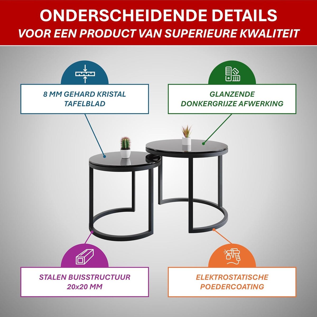 Modena, Set van 2 Salontafels van Gehard Glas en Staal, Handgemaakt in Europa, Bijzettafel, Koffietafel, Coffee Table, Zwart, Ronde, Ø50x43 cm / Ø40x38 cm