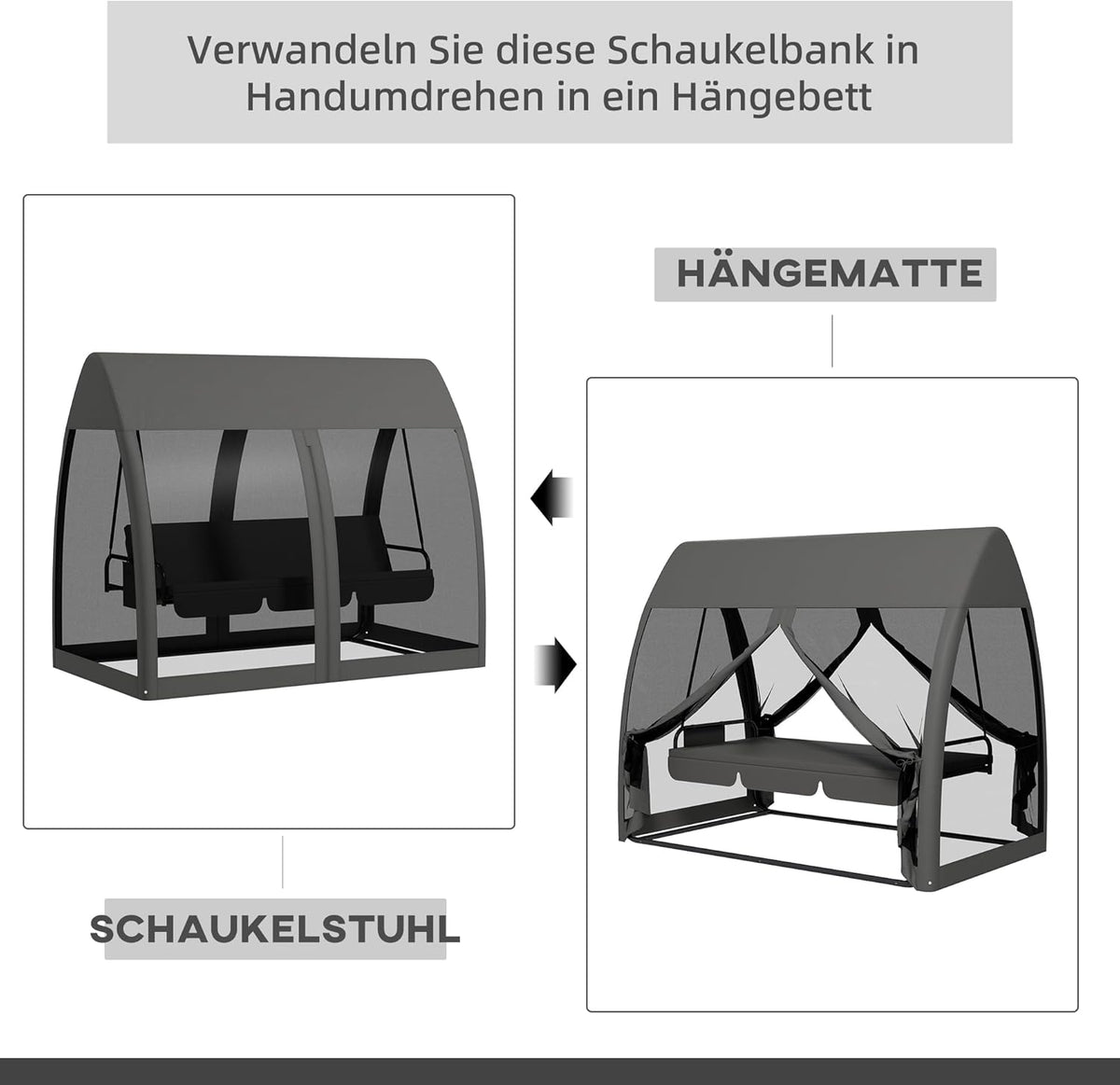 Outsuuny 2 in 1 Hollywoodschaukel mit Liegefunktion 3-Sitzer Gartenschaukel mit Baldachin, Mückennetz, Schaukelbank belast bis 300 kg, Gartenliege für Garten, Terrasse, 240 x 140 x 197 cm, Grau - QUORE