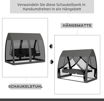 Outsuuny 2 in 1 Hollywoodschaukel mit Liegefunktion 3-Sitzer Gartenschaukel mit Baldachin, Mückennetz, Schaukelbank belast bis 300 kg, Gartenliege für Garten, Terrasse, 240 x 140 x 197 cm, Grau - QUORE