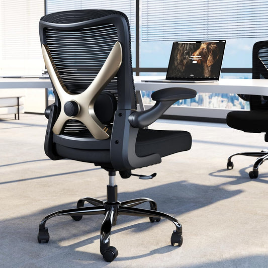 Ergonomische bureaustoel – Computerstoel – Gamingstoel – Bureaustoel met lendensteun – Mesh bureaustoel – Zwart goud – Verstelbare zithoogte – Ademend mesh materiaal