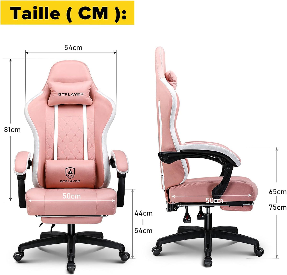 GTPLAYER Ergonomic gaming chair with fabric surface, seat cushion with springs, connecting armrests and footrest, pink - QUORE