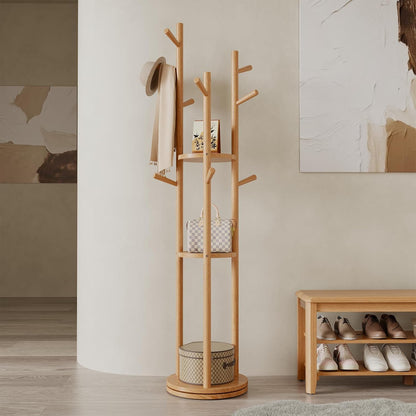 AQIMUELE Kapstok, kledingstandaard, massief hout, draaibare jasstandaard met 3 legplanken en 9 haken, voor hal, slaapkamer (natuurlijk hout)