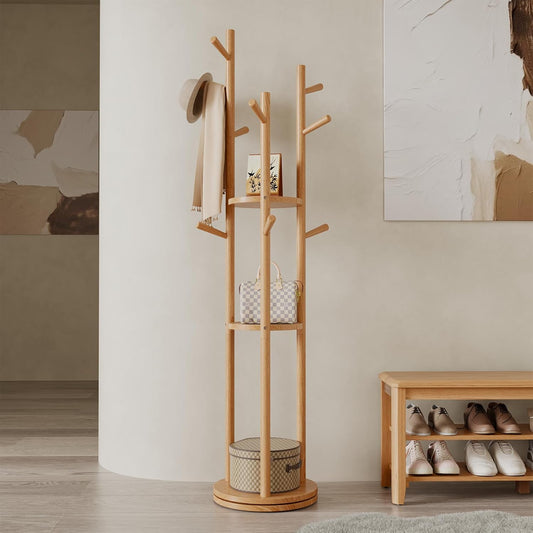 AQIMUELE Kapstok, kledingstandaard, massief hout, draaibare jasstandaard met 3 legplanken en 9 haken, voor hal, slaapkamer (natuurlijk hout)
