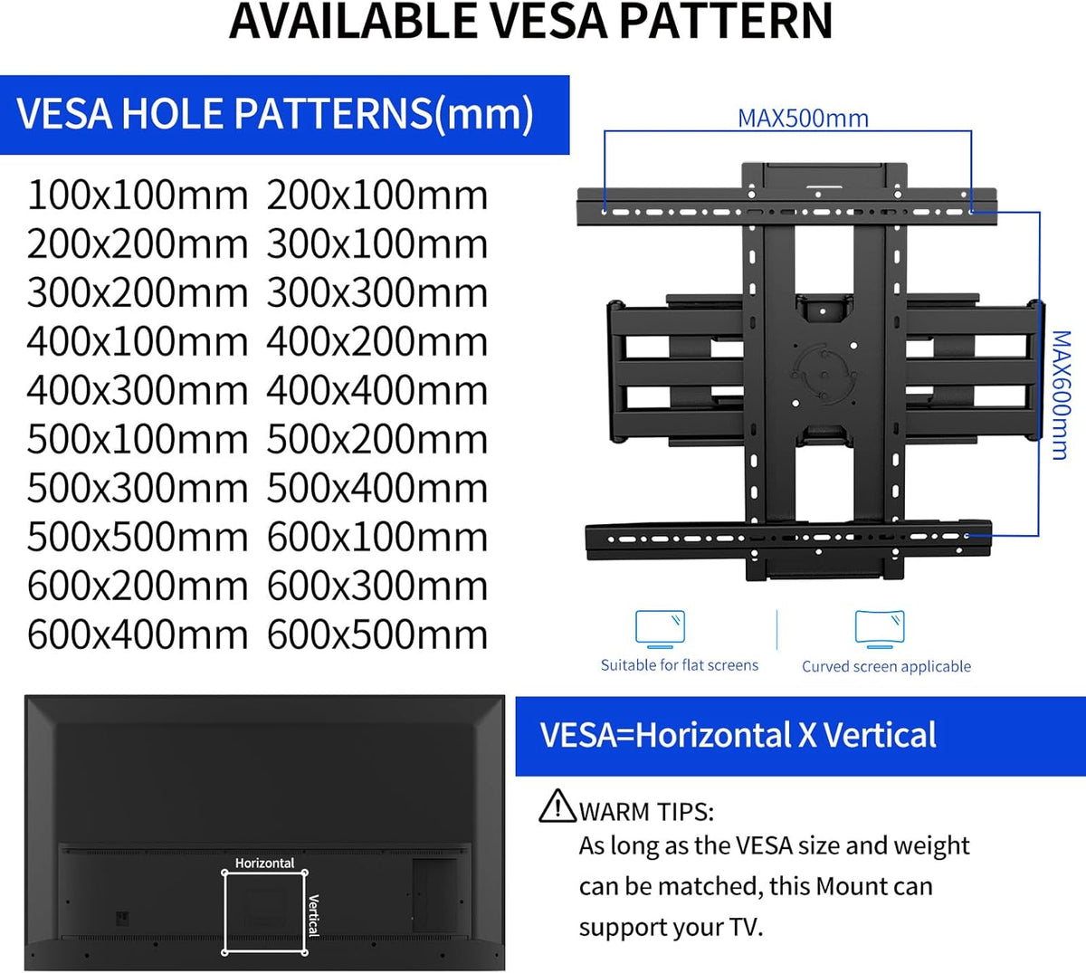 80 85 86 TV muurbeugel draaibare televisie 55-95 inch, 90° draaibare verticale tv-houder, zwenkbaar, kantelbaar, voor tv-schermen tot 60 kg, VESA 600 x 500 mm DY5595XZ