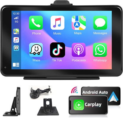 Podofo Nieuwe Draagbare Sutoradio 7 inch Autoradio-Ontvanger met Draadloze Apple Carplay Android Auto Apple Airplay, Bluetooth,Spiegellink,FM-radio,Dashboard Voorruit Verticaal of Zuignaphouder