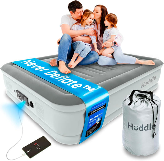 Huddle® NEVER DEFLATE™ Luxe King-size Luchtbed, Good Housekeeping 2025-winnaar, met Dual Pump SlumberGuard™ Technologie, instelbare stevigheid, ingebouwde pomp en USB-nachtlampje.