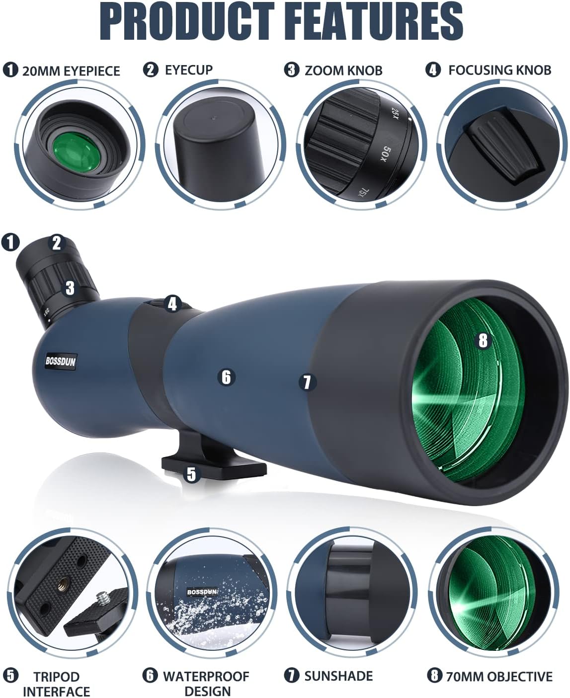 25-75x70 HD spotting scope sportschutters met statief- en smartphone-adapter, Zoom Bak4 Prism FMC lens 45 graden schuine telescoop voor vogelobservatie Wildlife Scenery jacht wilde dieren Stargazing