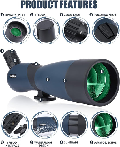 25-75x70 HD spotting scope sportschutters met statief- en smartphone-adapter, Zoom Bak4 Prism FMC lens 45 graden schuine telescoop voor vogelobservatie Wildlife Scenery jacht wilde dieren Stargazing