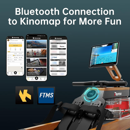 PASYOU Roeitrainer voor thuissportschool, eikenhout vouwroeimachine met Bluetooth en verstelbare tablethouder, 350 lbs gewichtscapaciteit, waterroeimachine compatibel met Kinomap APP