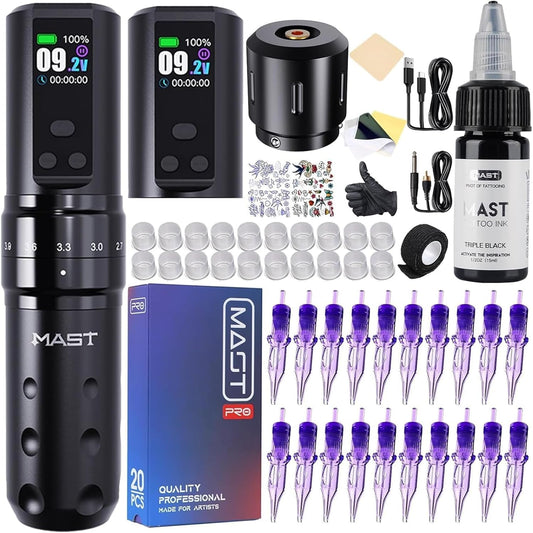 Professionele Draadloze Tattoo Machine – Tattoo Gun – Tattoo Pen – Tattoo Set – Tattoo Kit – Instelbare Slaglengte 7 Standen – 2x 2000mAh Batterijen Met OLED Display