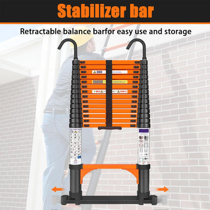 4,4m Telescopische Ladder - Hoogwaardige Uitschuifbare Ladder met Stabilisatoren en Afneembare Haak, Robuuste Draagbare Multifunctionele Rechte Ladder Huisladder Steunladder voor Campers en Zolders