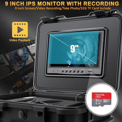 KAOLALI Buiscamera 50 m met licht, 9 inch kanalisatiecamera, 1080p HD endoscoop, inspectiecamera, DVR-recorder, kanaalcamera, IP68 waterdicht, met 6 ledlampen, voor loodgieter, 32 GB TF-kaart