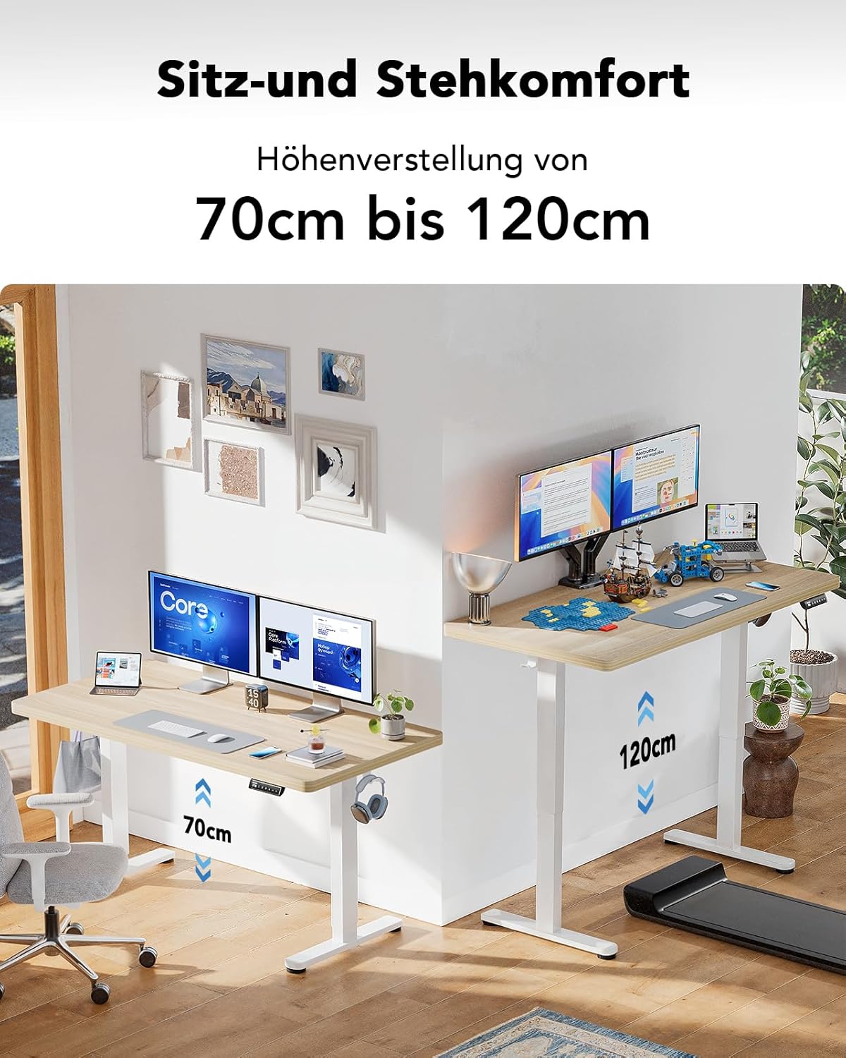 HUANUO Height Adjustable Desk, 120 x 80 cm, 25 mm, Whole Table Top with Brushless Motor, Ergonomic Desk, Height Adjustable, Easy Assembly, Electric Standing Desk for Home Office - QUORE