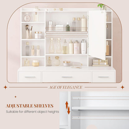 108cm Dressing Table with Mirror, Dressing Table with 3 Color LED Lighting, Makeup Desk with Hidden Shelves, 5 Drawers, 2 Cabinets and 9 Open Shelves, For Bedroom, White - QUORE