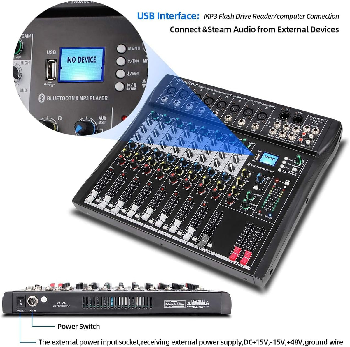 8-Kanaals Mixer Zwart – Mengpaneel, Mengtafel, Geluidsmixer, Mixconsole – Bluetooth, USB En MP3 – 48V Fantoomvoeding En 3-Bands EQ