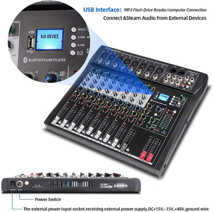 8-Kanaals Mixer Zwart – Mengpaneel, Mengtafel, Geluidsmixer, Mixconsole – Bluetooth, USB En MP3 – 48V Fantoomvoeding En 3-Bands EQ