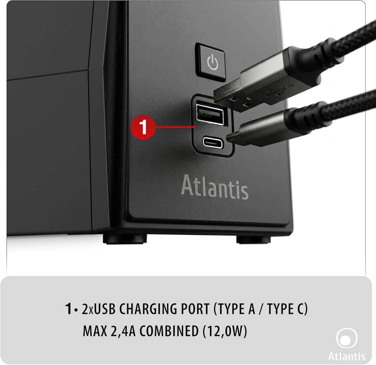 Atlantis A03-S1000P Ononderbroken stroomvoorziening, pseudosinusgolf, 1000 VA, 600 W, Line Interactive, LCD-display, Dual Front USB-poort, 2 Schuko-uitgangen, geïntegreerde Alim-kabel, USB, 1 accu 12