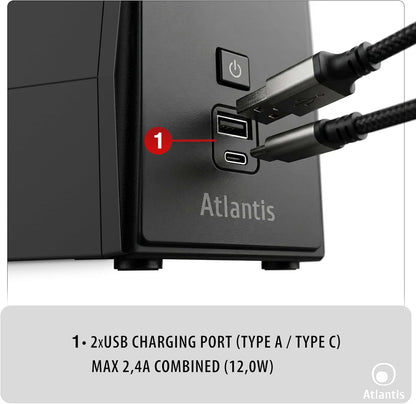 Atlantis A03-S1000P Ononderbroken stroomvoorziening, pseudosinusgolf, 1000 VA, 600 W, Line Interactive, LCD-display, Dual Front USB-poort, 2 Schuko-uitgangen, geïntegreerde Alim-kabel, USB, 1 accu 12