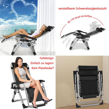 Zero Gravity Folding Sun Lounger Supports Up to 200 kg Recliner Foldable Sun Lounger Folding with Cup Holder Cushion Headrest for Garden, Patio or Balcony (Silver, 83 cm)
