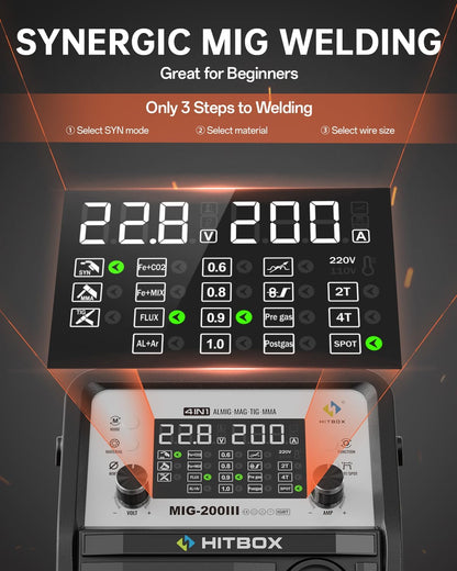 HITBOX MIG 200A Lasapparaat – Gas/Gasloos MIG, Elektrodelassen, Lift TIG, Puntlassen, Spool Gun compatibel, 230V, Voor Aluminium, LED-display, Voor-/Nagar (MIG200III)