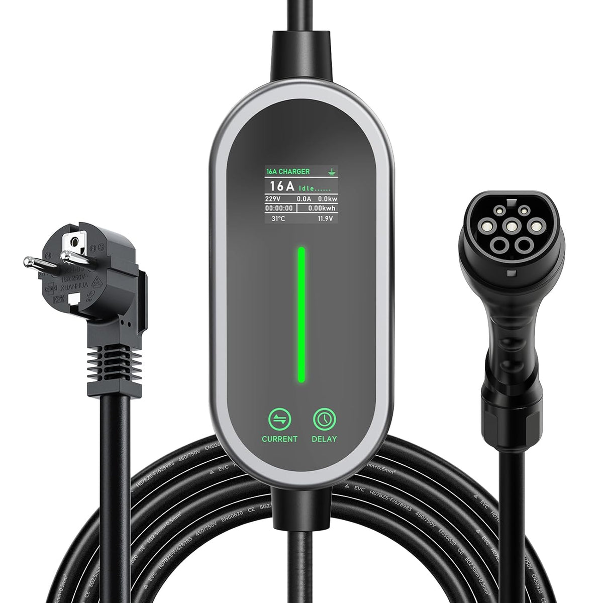 Type 2 oplaadkabel 3,6 kW 10 m, 6-16 A eenfasig oplader type 2, oplaadkabel elektrische auto type 2 Schuko, draagbare EV oplader, instelbare stroom en instelling starttijd voor alle EV PHEV IEC