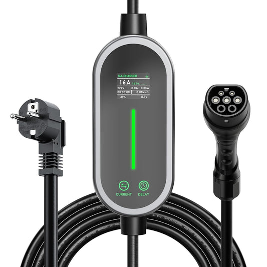 Type 2 oplaadkabel 3,6 kW 10 m, 6-16 A eenfasig oplader type 2, oplaadkabel elektrische auto type 2 Schuko, draagbare EV oplader, instelbare stroom en instelling starttijd voor alle EV PHEV IEC