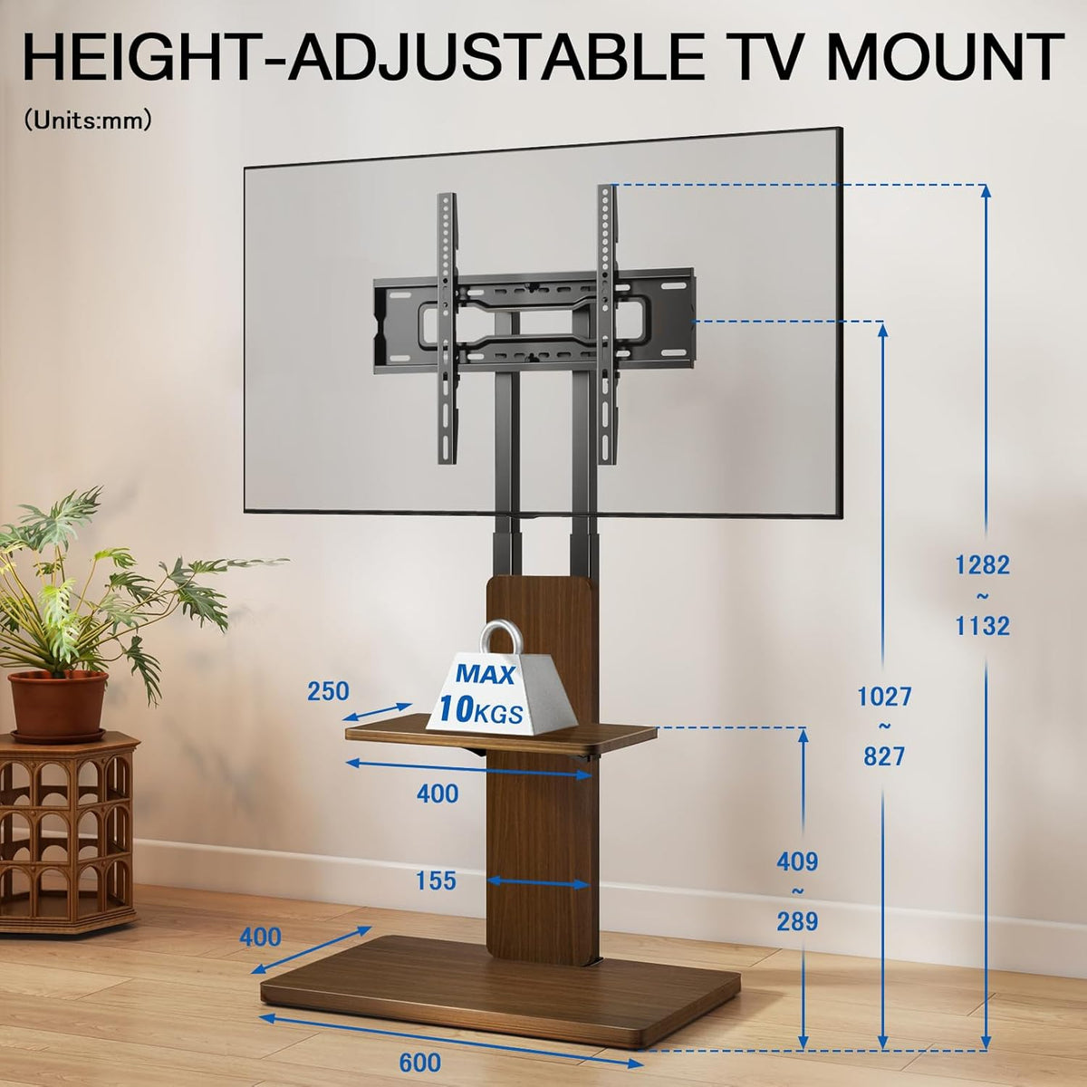 TVON TV vloerstandaard met verborgen wielen voor 32-70 inch tv's, in hoogte verstelbaar, tv-standaard tot 45 kg, met verstelbare houten plank, max. VESA 400 x 400 mm