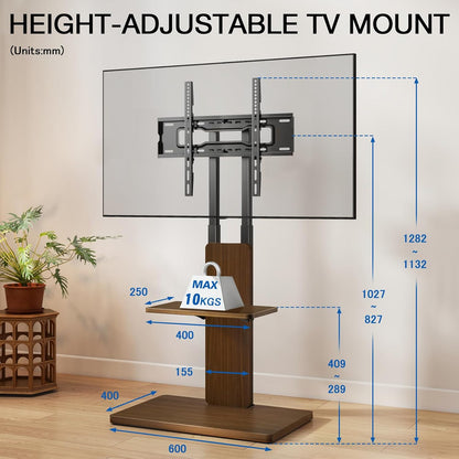 TVON TV vloerstandaard met verborgen wielen voor 32-70 inch tv's, in hoogte verstelbaar, tv-standaard tot 45 kg, met verstelbare houten plank, max. VESA 400 x 400 mm