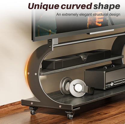Tv-standaard, oprolbaar, voor 50-100 inch platte en gebogen tv's tot 100 kg, tv-standaard, in hoogte verstelbaar, met 2-traps plank, MAX VESA 900 x 600 mm (zwart)