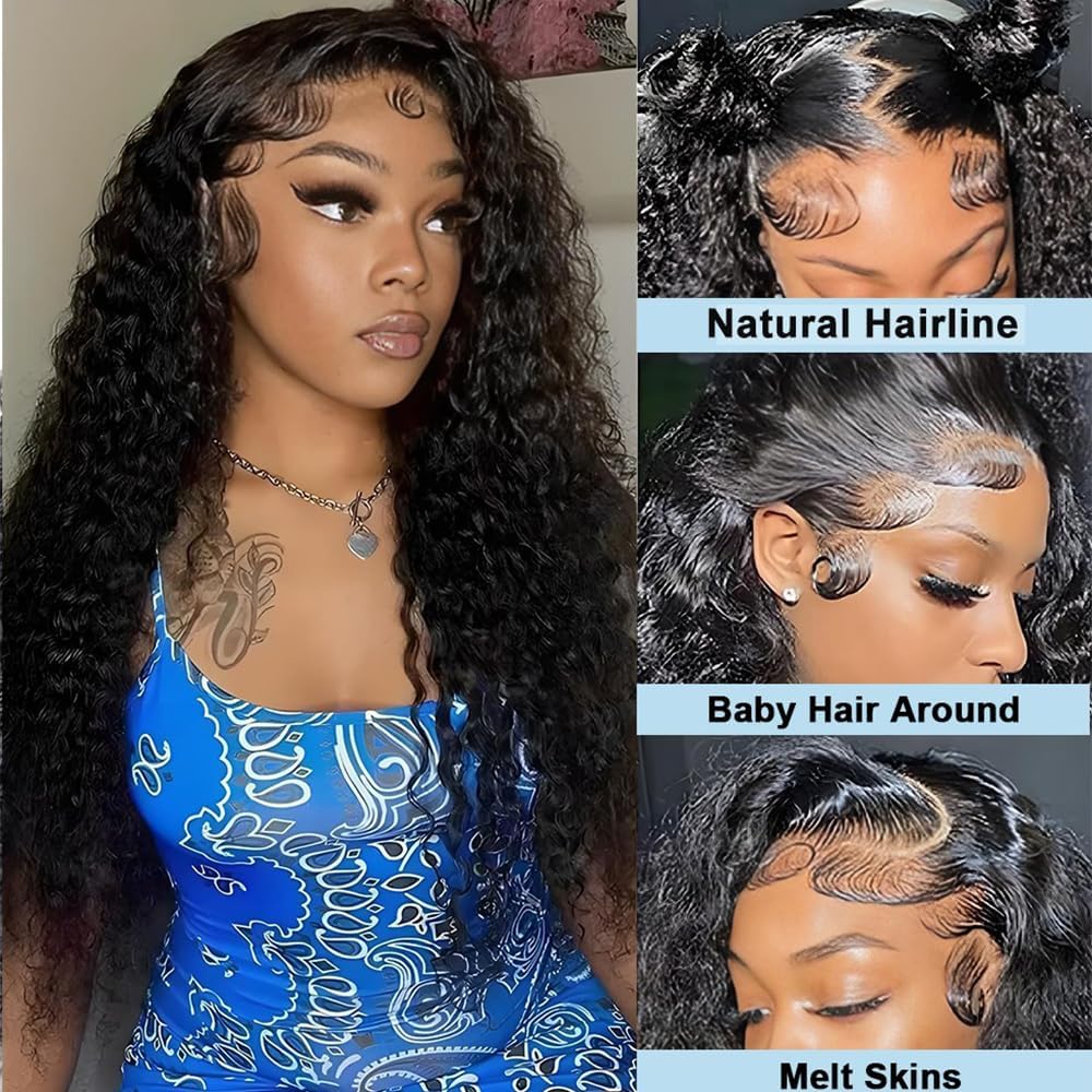 Braziliaanse pruik van echt haar, Deep Wave Lace Front, pruik voor dames, natuurlijk, Braziliaans krullend, 180% dichtheid, 13 x 4, kanten pruik, echt haar, zwart, natuurlijke kleur, voor vrouwen, 24