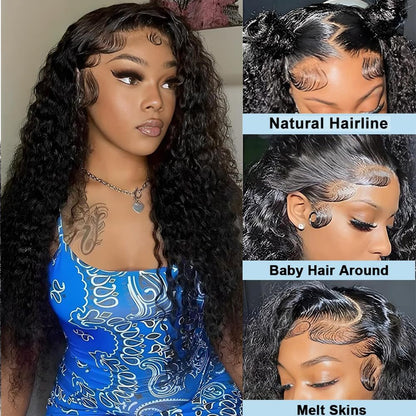 Braziliaanse pruik van echt haar, Deep Wave Lace Front, pruik voor dames, natuurlijk, Braziliaans krullend, 180% dichtheid, 13 x 4, kanten pruik, echt haar, zwart, natuurlijke kleur, voor vrouwen, 24
