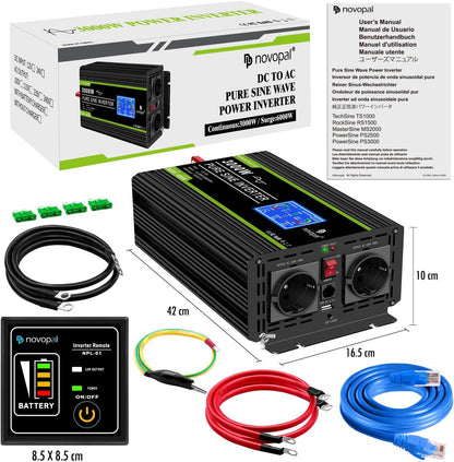 NOVOPAL 3000 W zuivere sinus omvormer 12 V naar 230 V spanningsomvormer power omvormer converter met 5m afstandsbediening LCD-display & 2 EU AC-stopcontacten & 2.1A USB-poorten