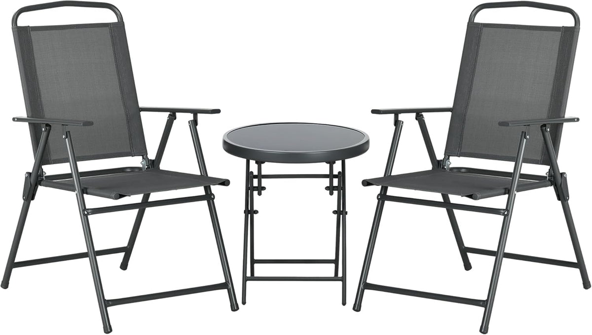 Outsunny Bistro-Set 3-teilig aus Metall Wetterfest Gartenmöbel Set mit klappbar Glastisch Gartenstühlen Outdoor Balkonmöbel Set Sitzgruppe Balkonset Gartengarnitur Dunkelgrau