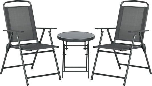 Outsunny Bistro-Set 3-teilig aus Metall Wetterfest Gartenmöbel Set mit klappbar Glastisch Gartenstühlen Outdoor Balkonmöbel Set Sitzgruppe Balkonset Gartengarnitur Dunkelgrau