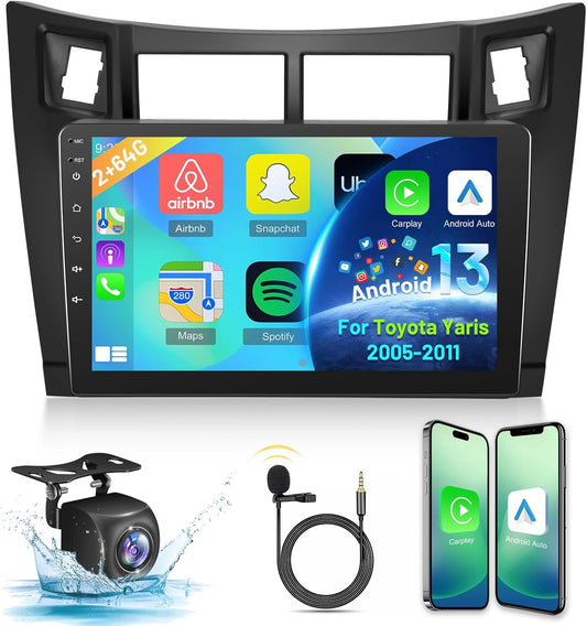 2G+64G Android Car Radio for Toyota Yaris 2005-2011, 9 Inch Touchscreen Bluetooth Radio with Wireless Carplay & Android Auto/WiFi/GPS/EQ/FM RDS Radio+Backup Camera +Mic