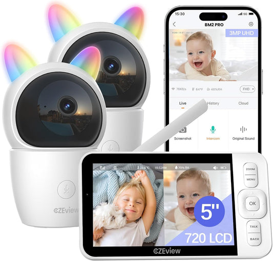 Babyfoon Met 2 Kameras En APP, 2K/5,0 Inch WLAN Video Babyfoon, PTZ 360°, IR-Nachtsicht, Automatische Volging, 4× Zoom, Herkenning Van Huilen/Beweging/Geluiden, Alarm, Temperatuurweergave