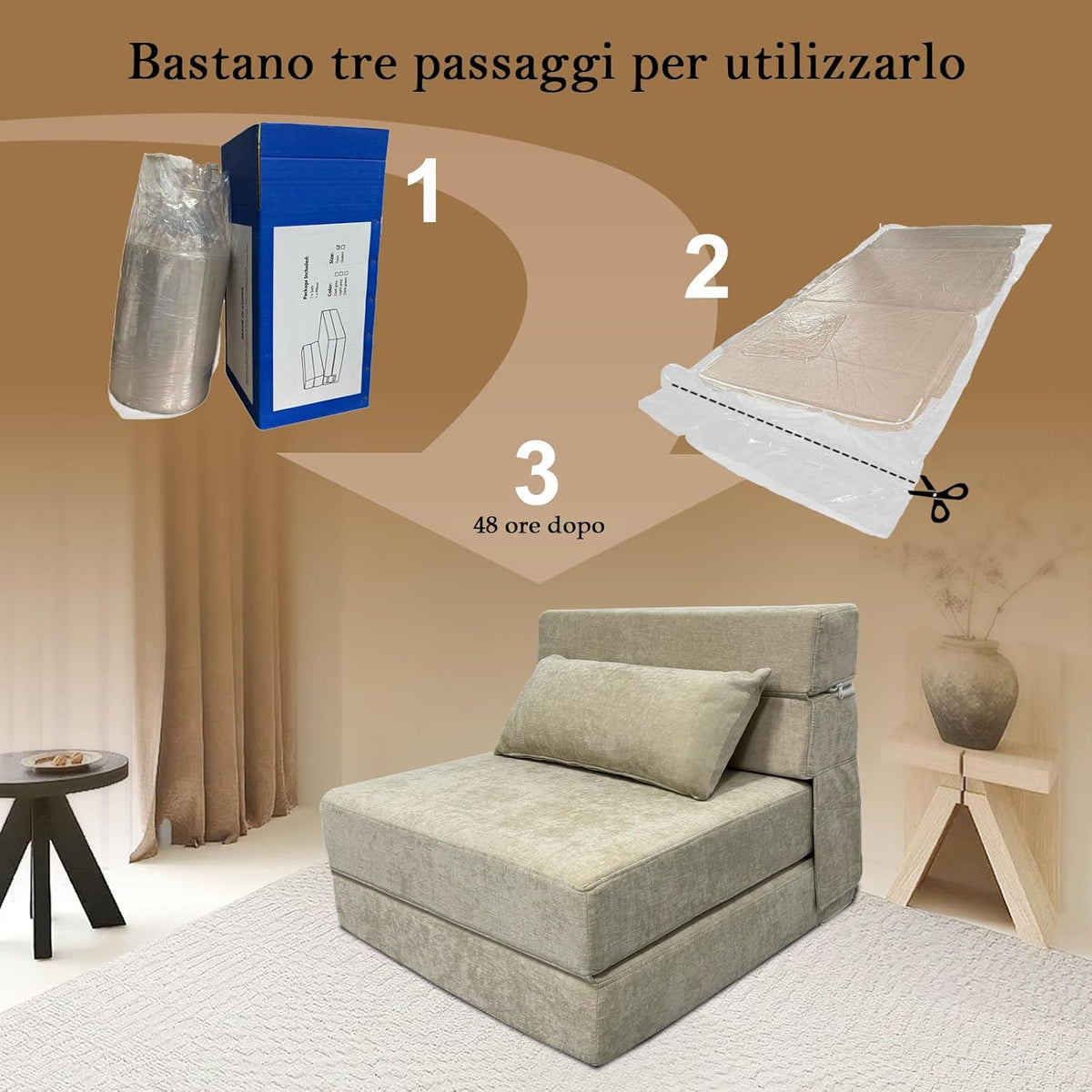 ANONER Divan-lit flexibel 70 x 190 cm, met kussen, de zitplaats zet om in matras, afneembare divanhousse, perfect voor kleine kamers en multifunctionele ruimtes, Beige