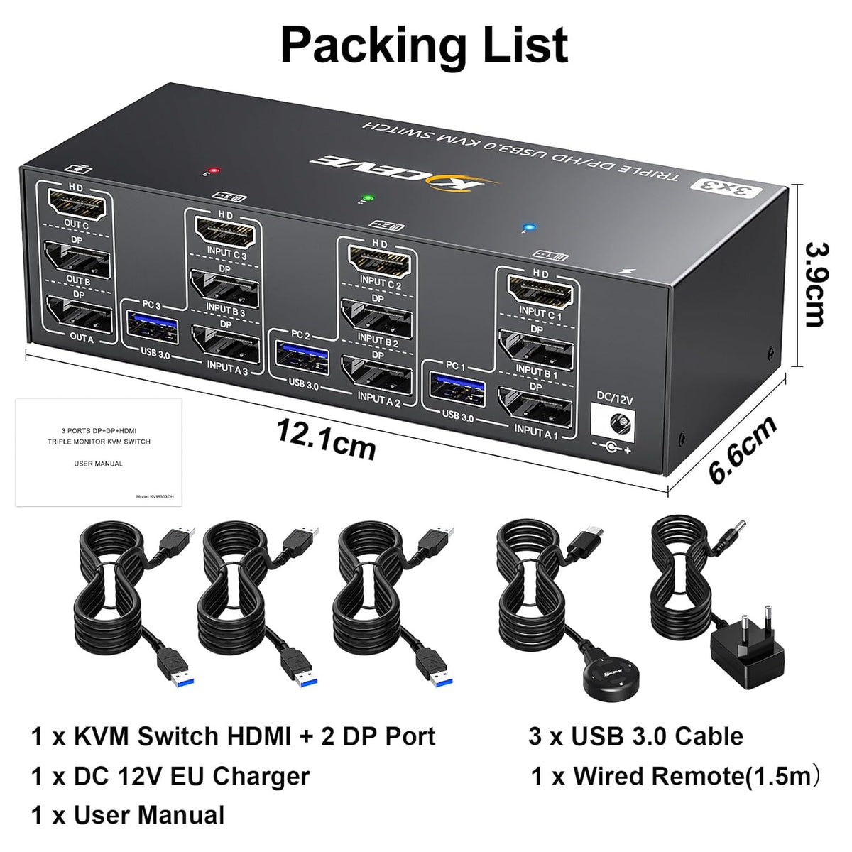 USB 3.0 KVM Switch 3 Monitors 3 Computers HDMI+DP+DP 3 Port, Triple Monitor KVM Switch 8K@60Hz 4K@144Hz for 3 Computers Share 4 USB 3.0 Devices Mouse Keyboard