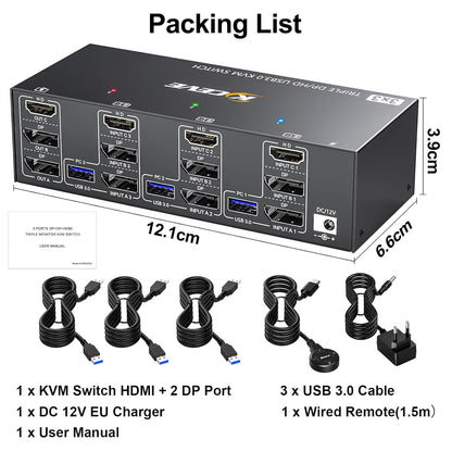 USB 3.0 KVM Switch 3 Monitors 3 Computers HDMI+DP+DP 3 Port, Triple Monitor KVM Switch 8K@60Hz 4K@144Hz for 3 Computers Share 4 USB 3.0 Devices Mouse Keyboard