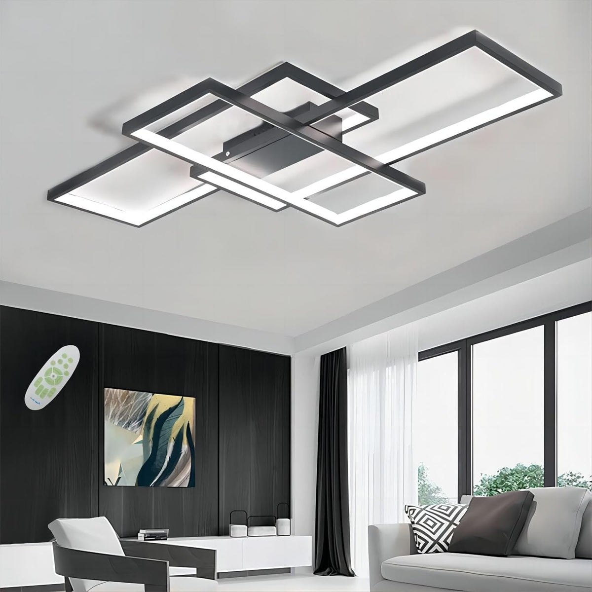 LED Plafondlamp, Moderne LED-Plafondlamp Zwart 90cm met Afstandsbediening, Dimbaar Geometrisch Design Smart Lampen Woonkamer Plafond, Inbouwverlichting voor Kantoor, Keuken, Slaapkamer