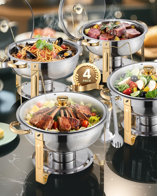 Chafing Dish Buffetset Goud – Buffetwarmer – Warmhoudschaal – Buffetchafer – Catering Warmer – 4-Delige Set – 5 Qt / 4,7 Liter – RVS