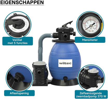 Wiltec zandfiltersysteem 370 W met 26 liter filtertank en zelfaanzuiging 13.200 l/h poolpomp